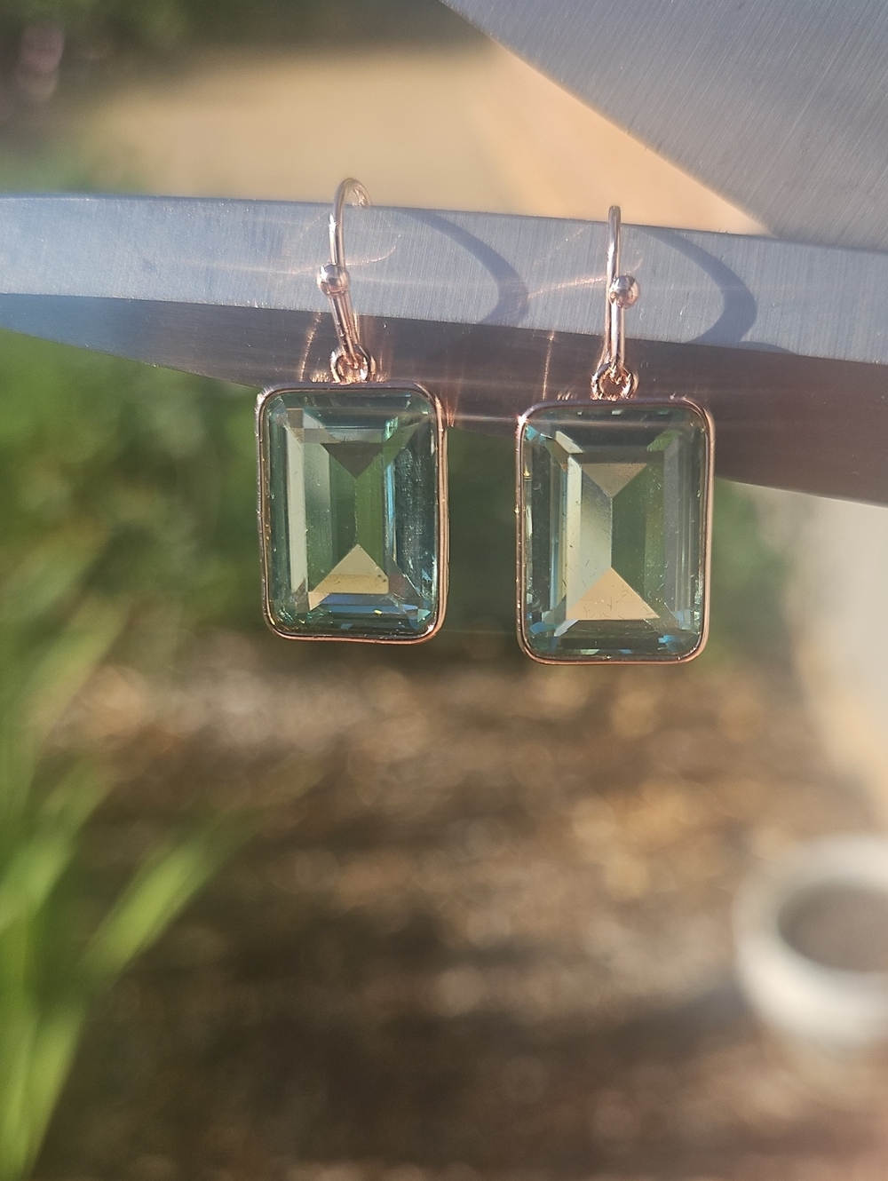 Seafoam Crystal And Rosegold Rectangle Drop Earrings - Women Jewelry